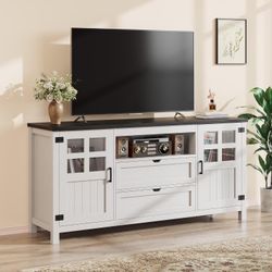 Farmhouse TV Stand for 65 70 75 Inch TVs, Entertainment Center with Adjustable Shelves, 2 Barn Doors and Drawers, Storage Media Cabinet for Living Roo