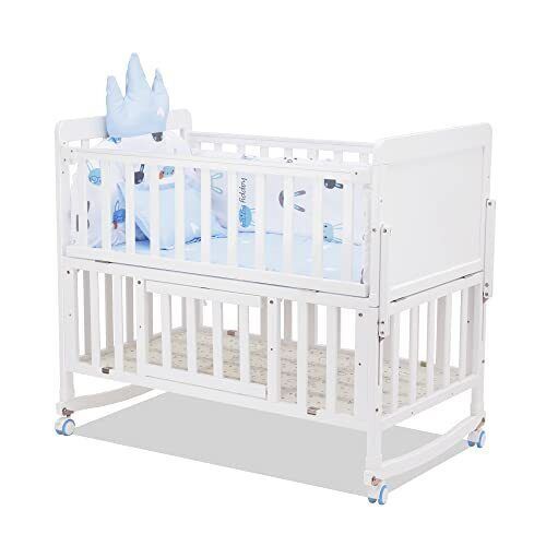 6-in-1 Convertible Baby Crib, Multifunction Mini Crib,5 Piece Toddler Bedding ( blue)