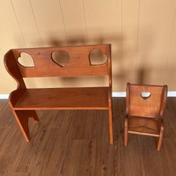 Child Doll Wooden Bench And Chair 