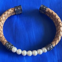MONET BROWN BREADED LEATHER PEARL BRACELET CUFF LARGE L ** More VINTAGE & RARE items Here ...
