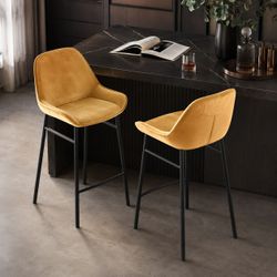 Set of 2 - Yellow Velvet Counter Height Bar Chairs w/ Black Metal Legs  [NEW] <Assembly Req>