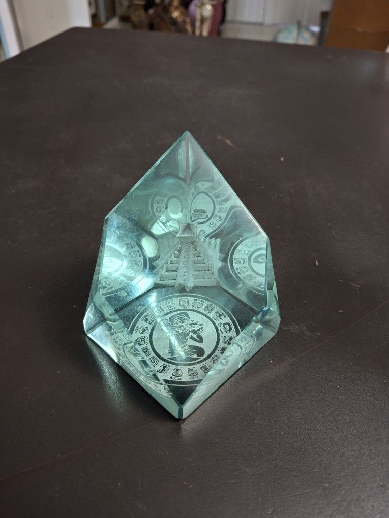 Awesome Etched Aqua Colored Glass Mayan 3D Pyramid Paperweight With Mayan Calendar 3.25"H X 3"W Collectible