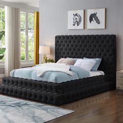 Elegant Tufted Black Velvet Queen Step Platform Bed 