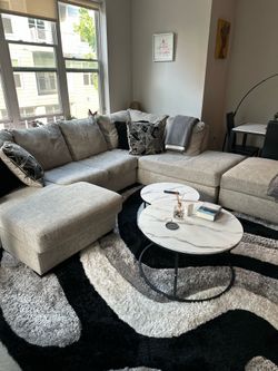 Sectional + 8x10 shag rug + nesting coffee tables + arc floor lamp