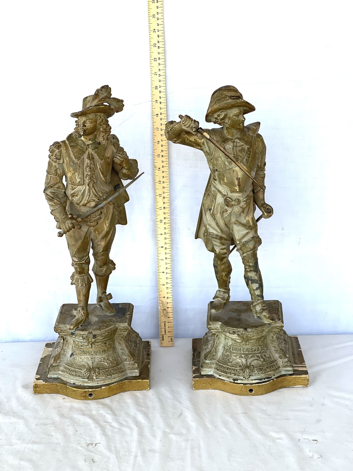 Antique early 1900s Brass Cast Metal 23” Tall (Don Jaun & Don Ceser) Musketeer Statue Sculptures. These retail for $839.
