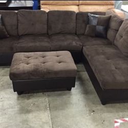 Brown Microfiber Sectional Couch And Ottoman 