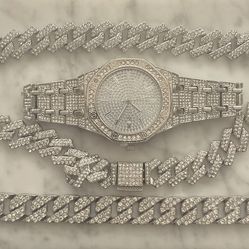 Iced Out Men’s Moissanite 3-Piece Set – Chain, Bracelet & Watch