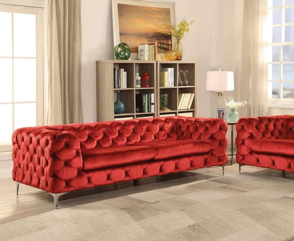 SOFA Red Velvet 2-SEATER COUCH Highshelter Armrest TUFTED GLAM STYLE