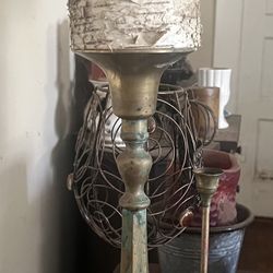 Tall Patina Brass Candleholder with Rustic Birch Bark Accent – Vintage Statement Piece