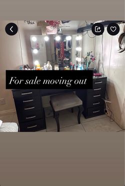 Black Vanity Desk with Lighted Mirror and Stool