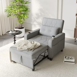  3 in 1 Convertible Sleeper Chair Bed Pull Out Sofa Chair Bed with Cup Holders,USB & Type C Ports,Side Pockets Linen Fabric Sleeper Single Sofa Couch 