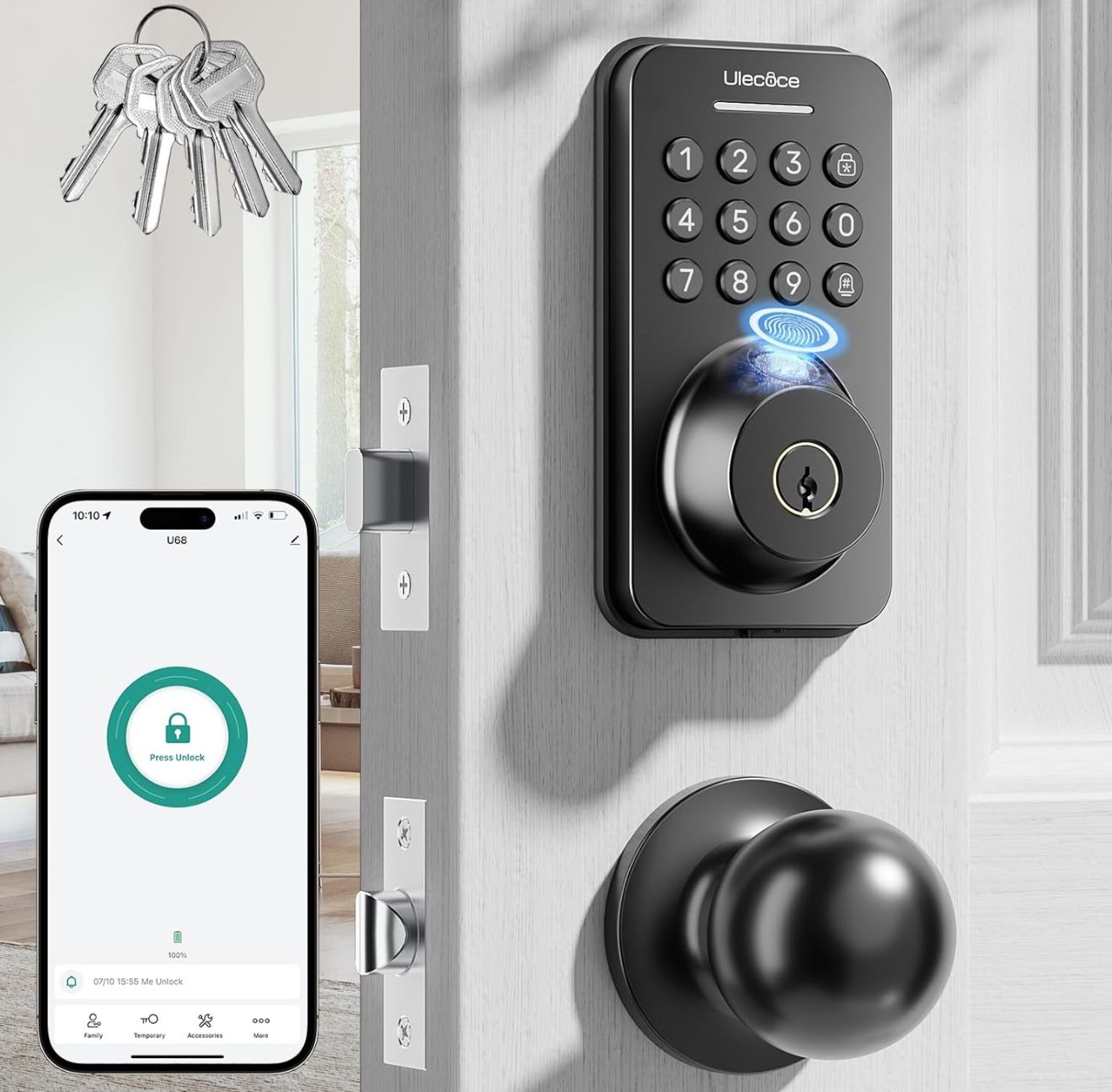 Fingerprint Keypad Deadbolt with Handle Set, Keyless Entry Door Lock, Door Locks for Front Door Lock Set, App Control, Auto Locking, Easy to Install,