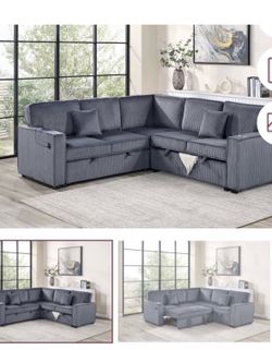 $380 . 2-P Convertible Sectional  Sleeper Sofa W/ Cupholder Sofa Storage & USB Ports  89”x 59”X36”H