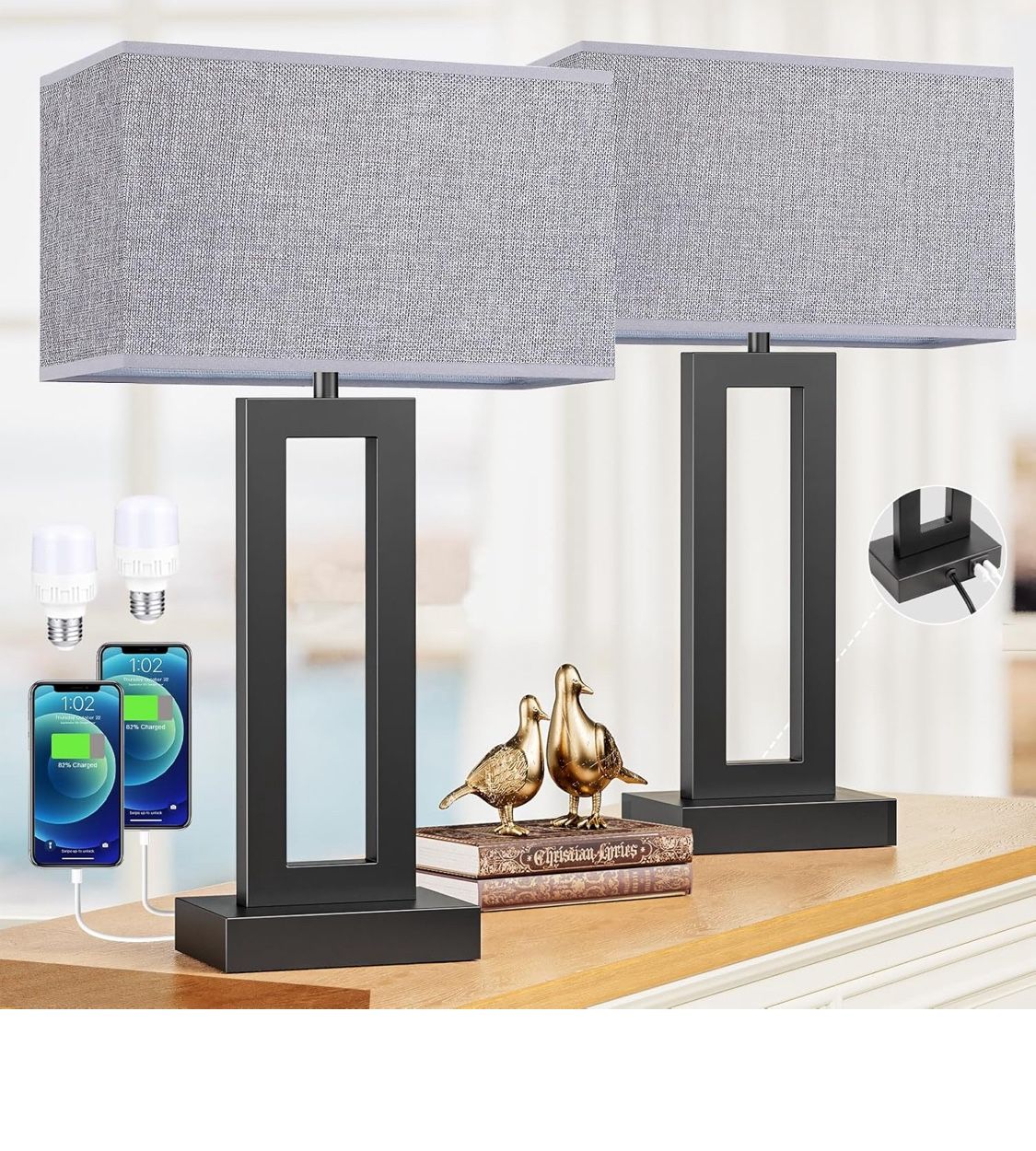 22" Tall Modern Living Room Lamps - Touch Bedside Lamps with USB C+A, 3 Way Dimmable for End Tables - Set of 2 (Grey & Black)