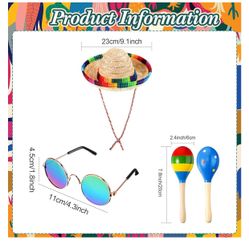 5 Pcs Mexican Dog Miniature Horse Alpaca Yard Goose Costume Set Include Rainbow Poncho Sombrero Hat Pet Sunglasses Maracas for Cinco De Mayo, Day of T