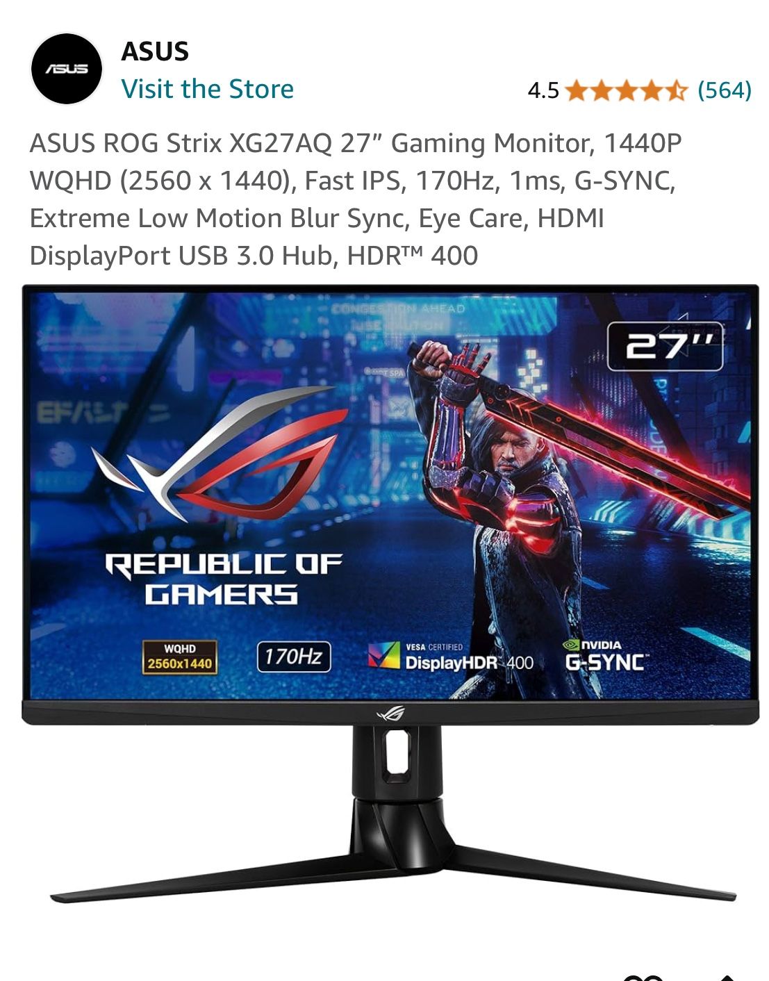 ROG Strix 27” Gaming Monitor - 1440p/170hz Refresh 1ms Response Time