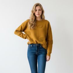 Tahari Women's Polkadot Mustard Color Crewneck Sweater