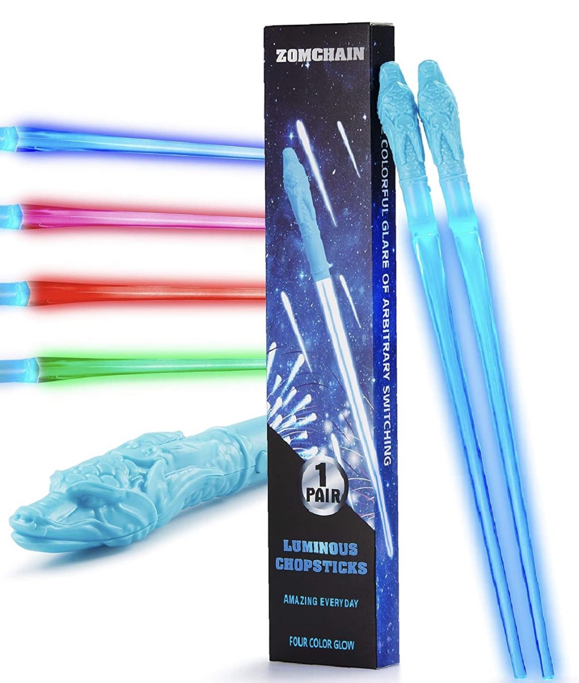 ZOMCHAIN Light Up Chopsticks, Reusable Dragon Chopstick Set, Fun Gifts for Kids 4 Color Modes-1 Pair