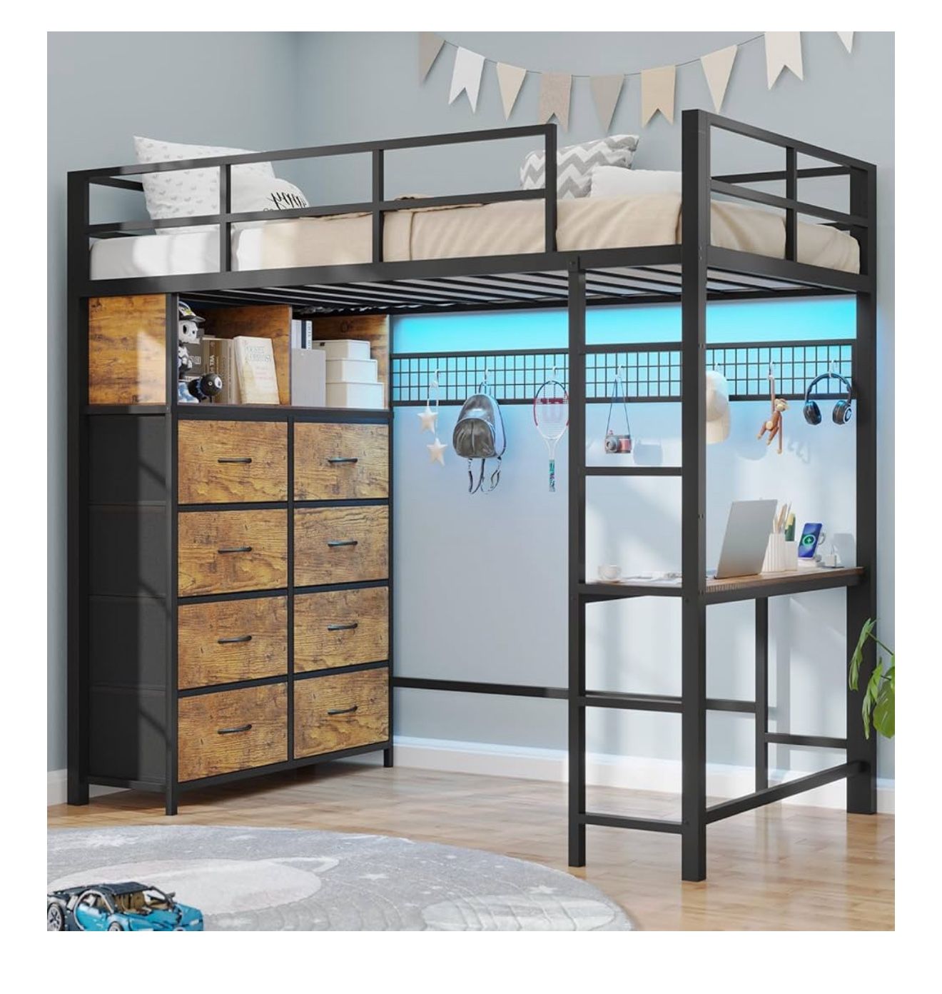 Twin Loft Bed with Desk & 8 Storage Drawers Tall Dresser, Metal Loft Bed with LED Lights & Charging Station, 2-Tier Storage Shelves, Stable & Sturdy,