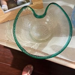 Antique Marano Glass Bowl, Emerald Green Edges With Speckles In The Inside Beautiful