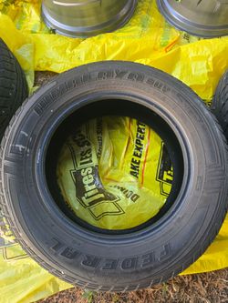 Set of 4 Federal Himalaya SUV all-terrain tires, size P225/65R17 102T. Great for SUVs and crossovers. Good tread, ready to mount. Sold as-is. No rims 