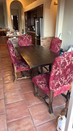 Dark Wood Dining Table with 6 Upholstered Chairs