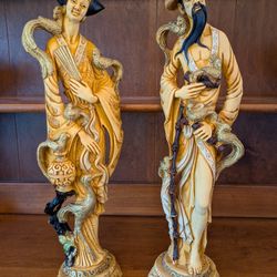 Vintage Oriental Heavy Faux Ivory/Resin Statues 19" Tall