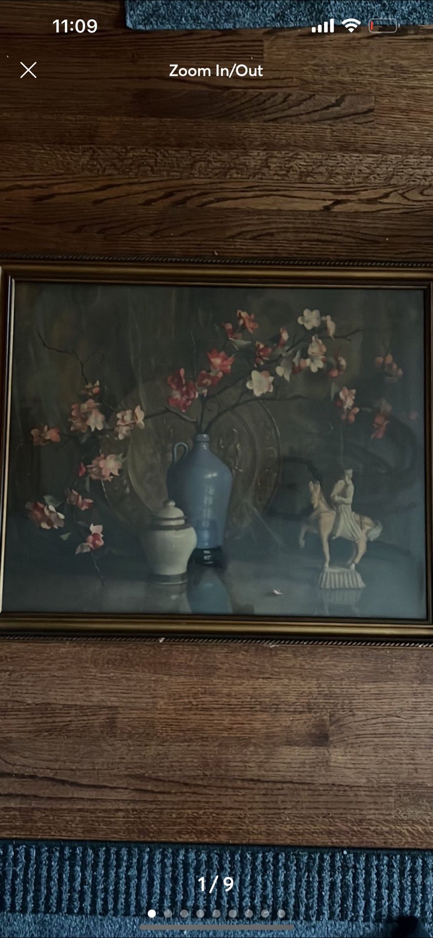 Framed picture of flowers. Frame has some knicks/scratches in it. Rear of pic has a few holes. See pics! Picture and glass are in good condition. 33.5