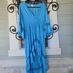 Venus Plus Size 1X Blue Boho Lace Tiered  High-Low Maxi Top