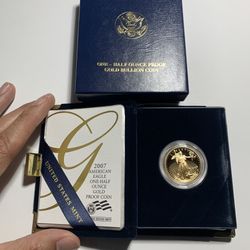 2007 W $25 Gold American Eagle Proof 1/2 Oz Coin W/ COA & BOX