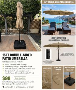 15ft Double-Sided Patio Umbrella with Base