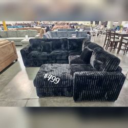 Black corduroy sectional sofa with ottoman 