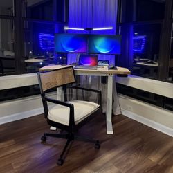 ✨ Custom Acacia Wood Corner Standing Desk w/ LED Lights + Dual Monitor Arm + Libby Cane Desk Chair ✨