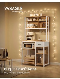 Kitchen Bakers Rack with Charging Station, Coffee Bar, 12 Hooks Adjustable Storage Shelves, Fabric Drawer,