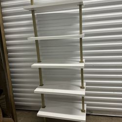 5-Shelf Modern Bookcase, Open Wall Mount Ladder Bookshelf with Industrial Metal Frame, White/Gold