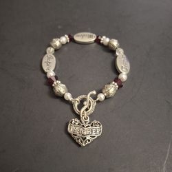 Teacher's Gift Heart Silver-plate Charm Bracelet W/Toggle Clasp Says Teacher- Wisdom - Inspire W/Faux Pearls & Red Beads 7"