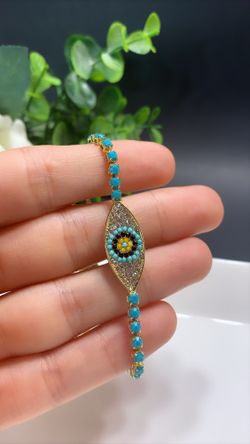 *NO FADE* Adjustable Sterling Silver Plated CZ Zircon Evil Eyes Charm Bracelet