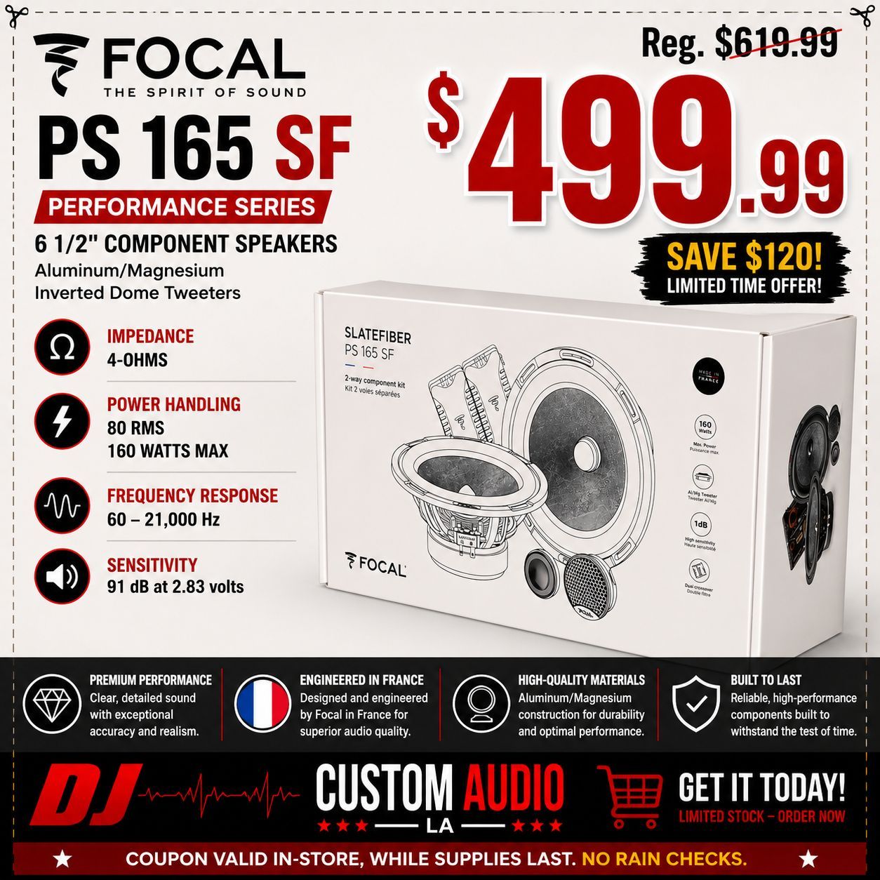 Focal PS 165 SF Car Speakers Performance Series 6 1/2" Component Speaker System 160 Watts 🚨 Payment Options Available 🚨 No Credit Needed 🚨