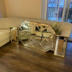 Brass Frame Harlequin Pattern Beveled Glass Mirror w/ Side Hanging Mirrors