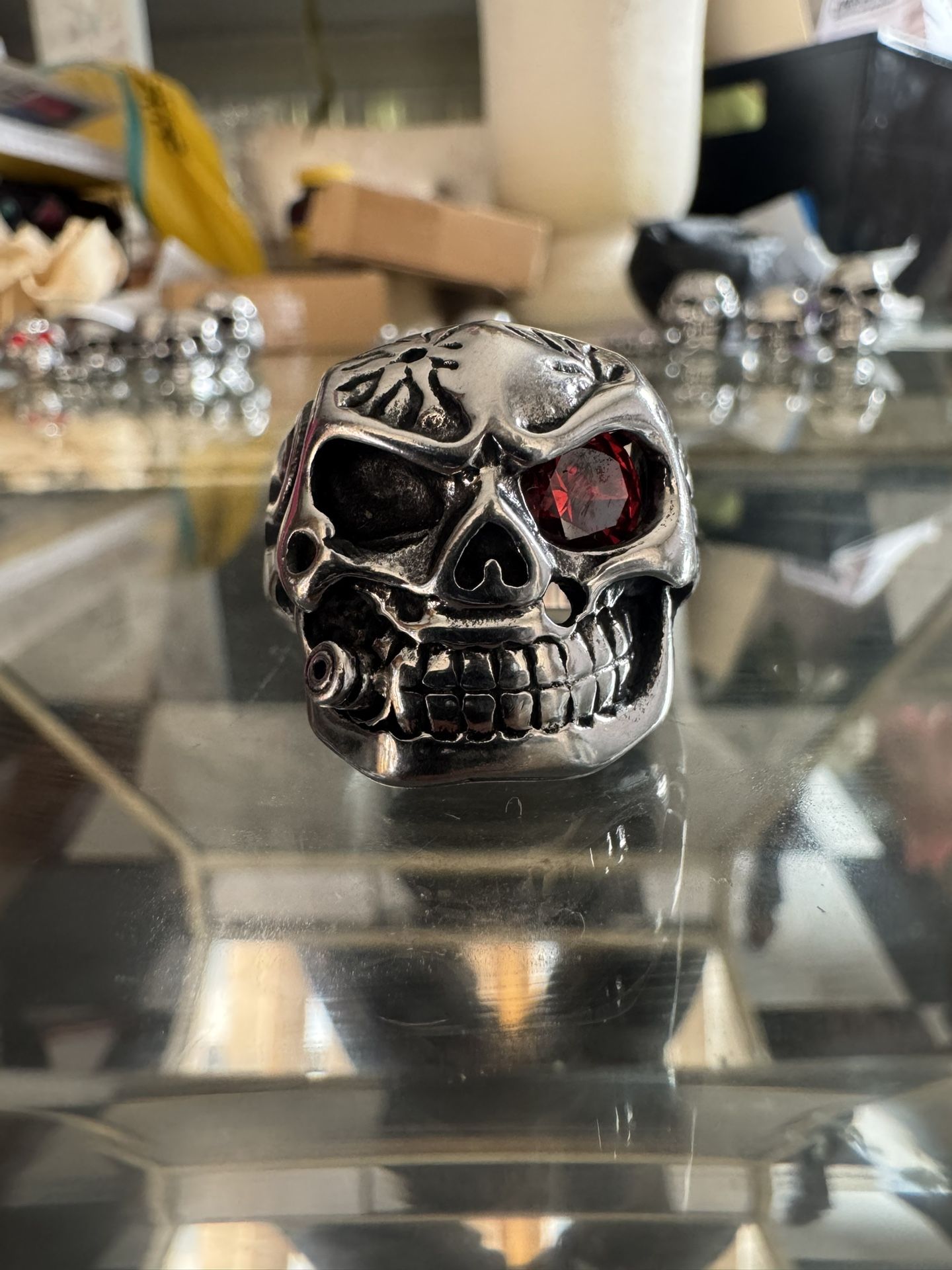 Silver Skull Ring W/ Red Eye