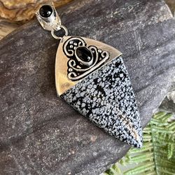 Snowflake Obsidian & Black Onyx Gemstone 2.8” Pendant