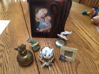 Selection Of Elephant Figurines, Including 2 Pill Boxes, 2 Frames  And Brass Bell