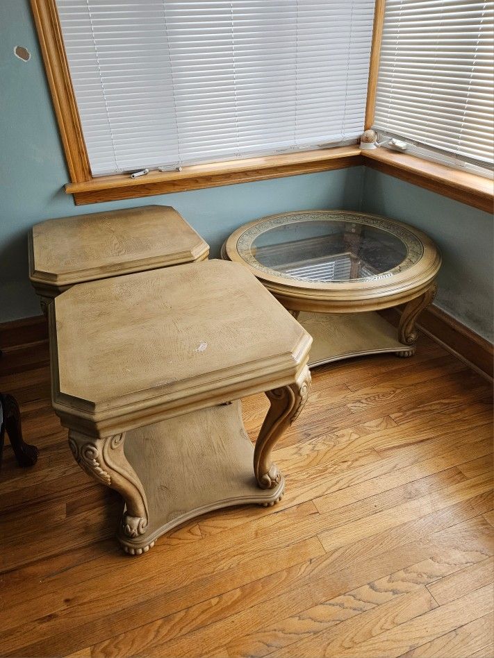 Round Wood Table for Living Room And 2 Solid Wood Sofa Side Table
