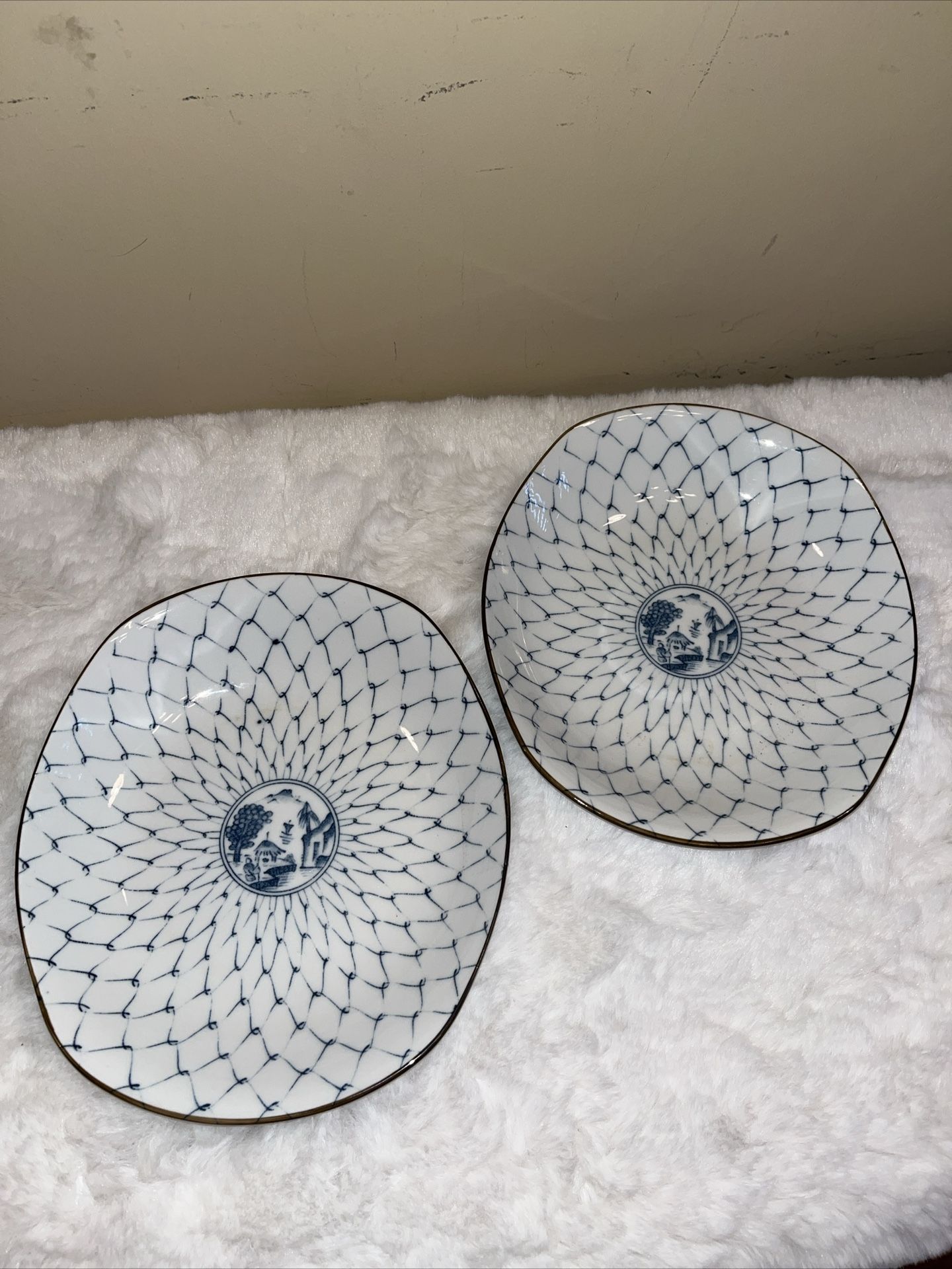 Vintage Misty Rose China Blue & White Platter 9” Oval Serving Bowl (2)