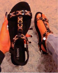 Black Flat Sandals with Gold Chain Detail