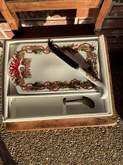  Christmas Garland Vintage Porcelain Cheese Board And Knife Set 