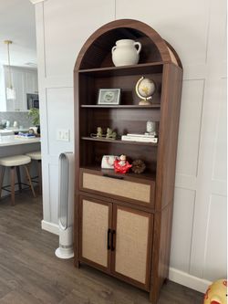 79" Tall Arched Bookcase Cabinet with Doors, Walnut,Rattan