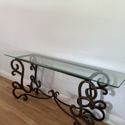 Heavy Glass Console Table, Wrought Iron 72”x16”x27”