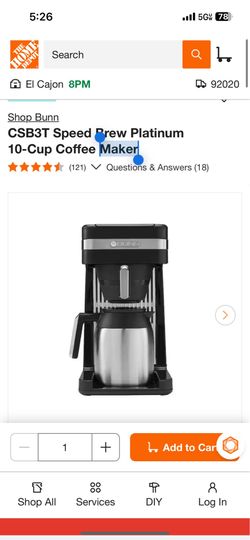 Shop Bunn CSB3T Speed Brew Platinum 10-Cup Coffee Maker