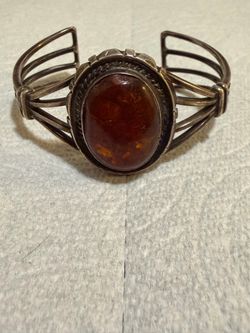 Vintage Navajo Sterling Silver Amber Cuff Bracelet JJ Maker